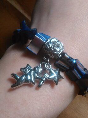 Angel and Star Charm Purple Shell Beaded Stretch Bracelet